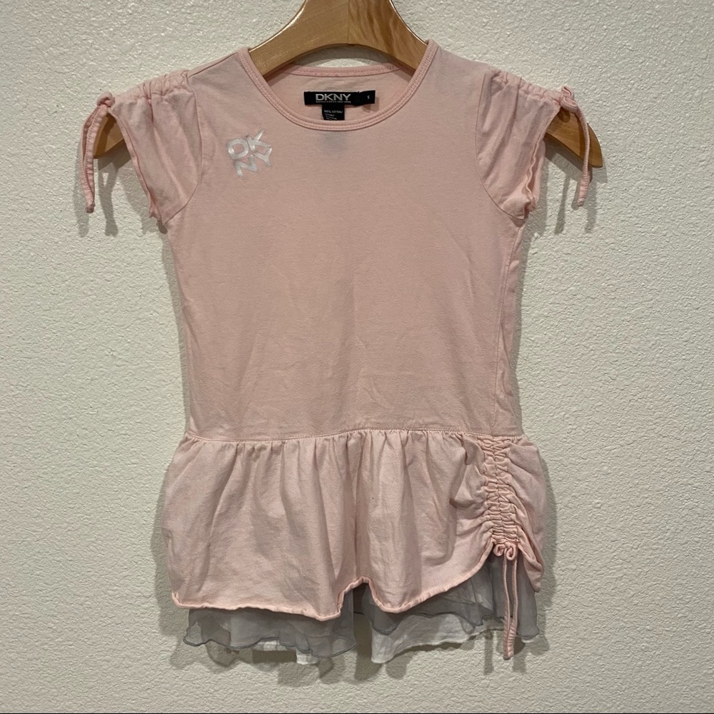 Kids DKNY Girls Pink White Logo Mesh Ruched Short Sleeve T-Shirt Size 5